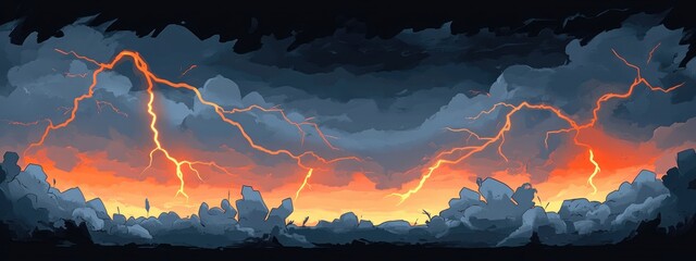 Poster - Dramatic lightning striking through gray storm clouds at sunset with empty space for text or design elements