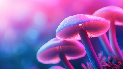 Poster - Vibrant macro image of fresh mushrooms with an artistic glow and ample space for text overlay against a colorful blurred background