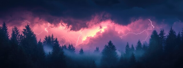 Poster - dramatic twilight storm clouds with lightning illuminating forest silhouette and space for text or d