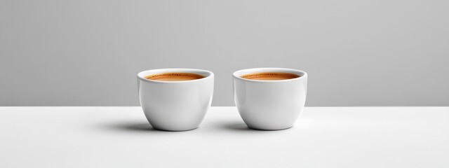 Poster - Double shot espresso in small white cups on a minimalistic background with ample empty space for text or branding designs