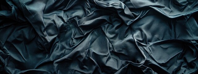 Poster - Crumpled black satin fabric texture with soft folds and ample copy space for elegant design or promotional text.