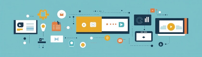 Poster - a modern digital illustration showcasing various multimedia elements, including icons and screens, r
