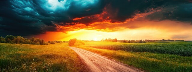 Poster - Dramatic stormy landscape at sunset with vibrant colors and empty space for text in a serene nature setting