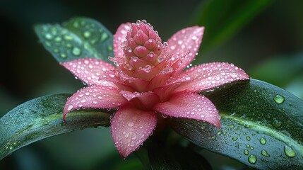 Poster - Dew-kissed pink flower surrounded by rich green foliage in soft natural light with ample space for text overlay or message.