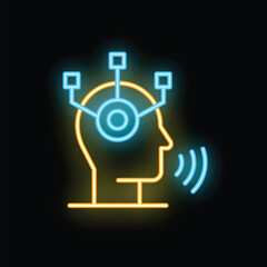 Poster - Neon glowing icon of artificial intelligence speaking and thinking, with lines connecting different parts of its brain