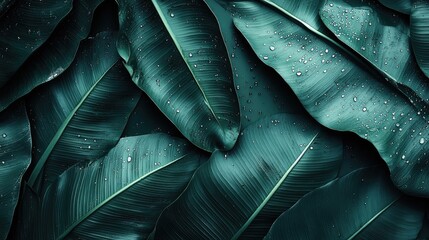 Poster - Lush green banana leaf texture with water droplets creating a serene backdrop and ample negative space for creative text placement