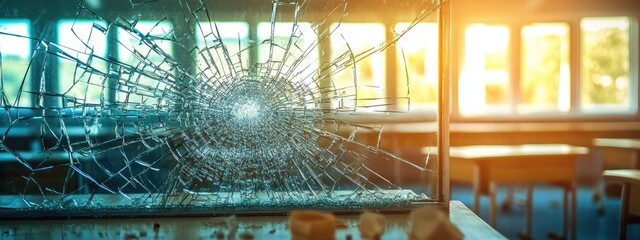 Poster - Broken glass in an empty classroom creating a dramatic atmosphere with natural light and ample space for text or graphics.