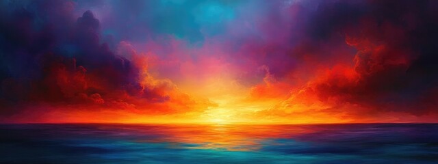 Poster - vibrant sunset sky with rich hues of orange, purple, and blue over calm ocean waters providing ample