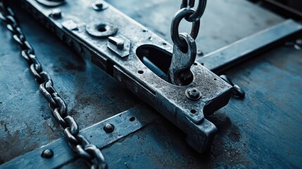 Poster - Close Up of Detailed Trap Assembly with Hook and Chain Mechanism on Industrial Background for Step by Step Process and Text Space
