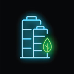 Poster - Glowing neon line eco nature leaf and battery icon isolated on black background. Alternative energy concept. Vector illustration
