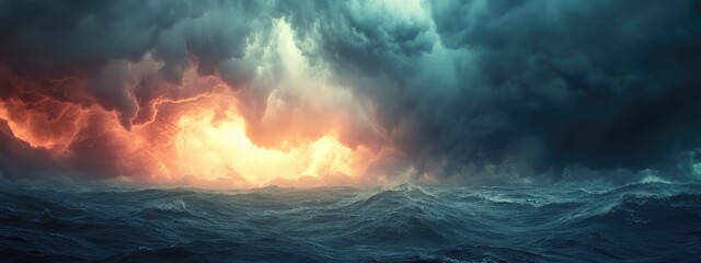 Poster - Stormy cloudscape over turbulent sea reflecting climate change themes with space for text and dramatic natural scenery