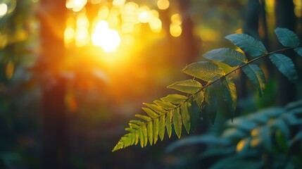 Poster - Vibrant Australian Jungle at Sunrise with Fern Leaves and Soft Background Light Ideal for Nature-Themed Text Placement