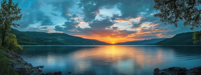 Poster - Dramatic Sunset Reflection Over Serene Lake Surrounded by Lush Hills and Clouds with Copy Space for Text