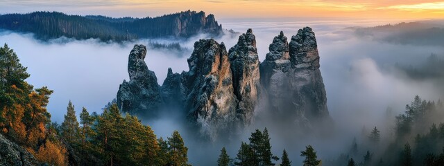 Poster - Dramatic rocky peaks emerge from foggy pine forest beneath colorful sunset with clear space for text and design elements in serene landscape.