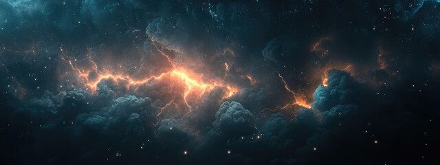 Poster - Dramatic lightning strike illuminating dark clouds at night with expansive copy space for text in a stunning digital art representation