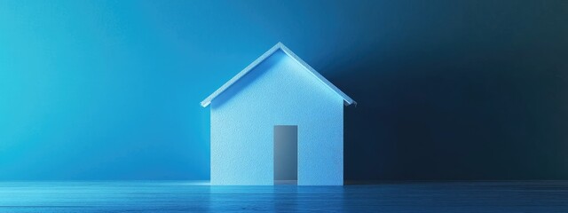 Poster - Minimalist Dream House Concept with Soft Blue Lighting and Empty Space for Text in Real Estate Marketing