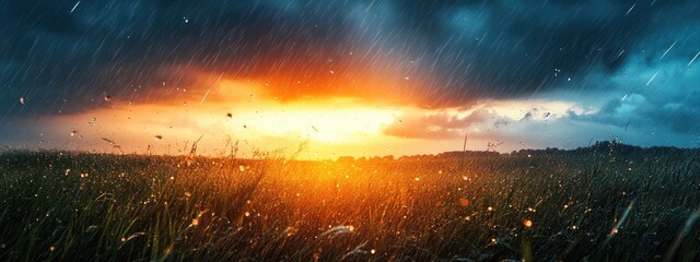 Poster - Dramatic Sunrise over Rainy Landscape with Text Space for Inspirational Quotes or Nature Themes