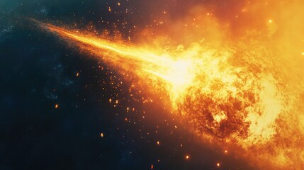 Poster - Cross section of a meteor entering the atmosphere illuminated with fiery particles and cosmic background for text placement