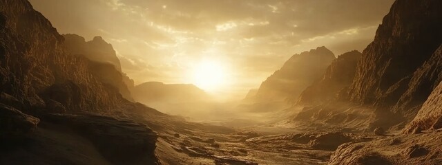 Poster - Dramatic Sunset Over Majestic Mountains with Expansive Sky and Empty Space for Text Layout