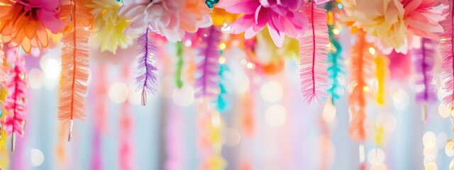 Poster - Vibrant party backdrop with colorful garlands and blurred lights creating an inviting atmosphere for text or invitations