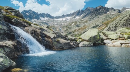 Poster - Natural waterfall cascading into a serene mountain lake under a bright summer sky with space for text and scenic rocky surroundings