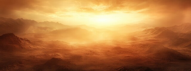Poster - Dramatic sunrise over misty hills creating an atmospheric landscape with ample blank space for text or branding purposes