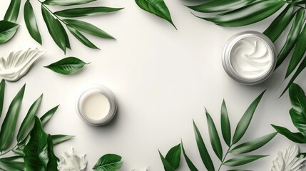 Poster - Elegant Skincare Product Display Surrounded by Green Leaves with Space for Text and Branding