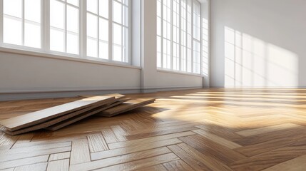 Poster - Parquet Flooring Installation with Empty Space for Text and Natural Light in Modern Room Interior