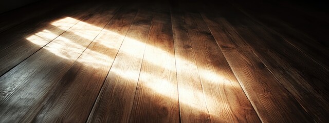 Poster - Wooden Floor with Dramatic Light and Shadow Creating a Serene Atmosphere and Space for Text Overlays