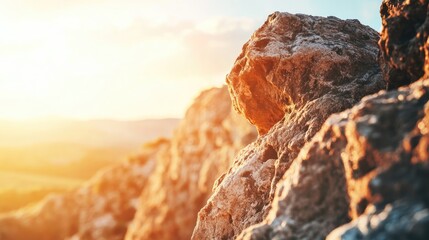 Poster - Close up view of textured rock formation bathed in warm sunlight with ample empty space for text or overlay design elements.