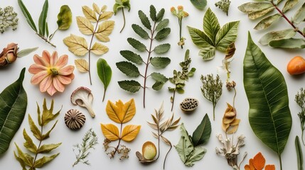 Poster - Nature Inspired Botanical Flat Lay Arrangement with Varied Leaves Petals and Ingredients for Creative Design and Text Space