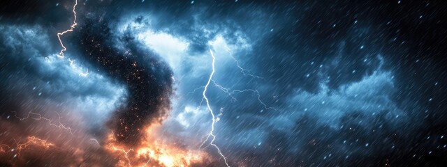 Poster - Dramatic stormy sky featuring a tornado and lightning with dark clouds and ample space for text or overlay design elements