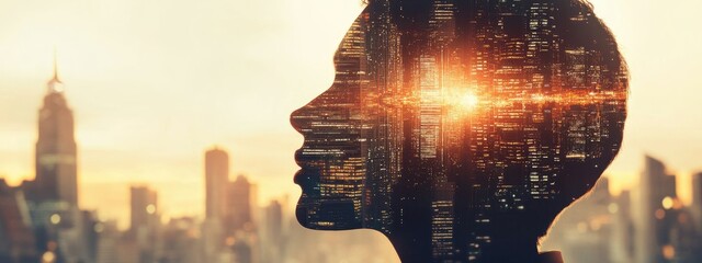 Aufkleber - Double Exposure of a Profile Silhouette with Cityscape and Technological Elements for Financial and Digital Innovation Themes
