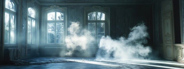Poster - Mysterious indoor atmosphere with swirling smoke and ample empty space for creative text placement in a dramatic setting