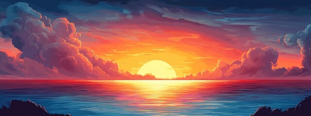 Poster - Vibrant Sunset Over Calm Ocean with Dramatic Clouds and Expansive Copy Space for Text
