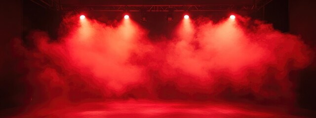 Poster - Dramatic red lighting with smoke effects on a stage backdrop ideal for presentations and creative copy space for promotional text.