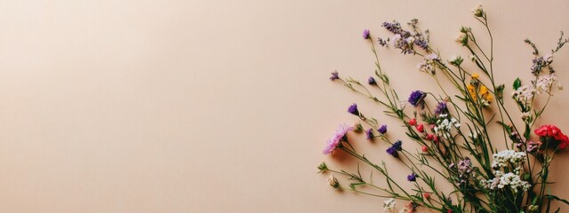 Poster - Drafting table adorned with a vibrant bouquet of wildflowers and ample empty space for creative text placement