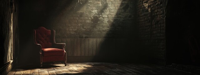 Poster - Mysterious Empty Room with Vintage Chair and Soft Light Creating an Atmospheric Space for Text or Design Elements