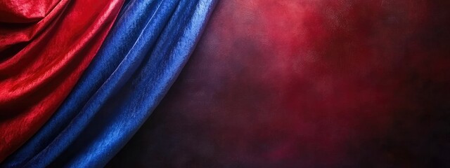Poster - Dramatic Draped Fabric in Red and Blue Textures with Empty Space for Custom Text or Copy