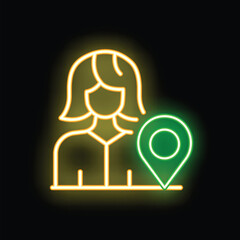 Poster - Neon glowing icon of a businesswoman standing with a location pin behind her
