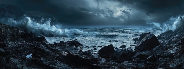 Poster - Dramatic ocean waves crashing on rocky shore under stormy skies with copy space for text or graphics