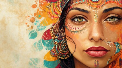 Leinwandbilder - Indian Canadian Fusion Art Portrait with Vibrant Colors and Intricate Details Featuring Copy Space for Text Use