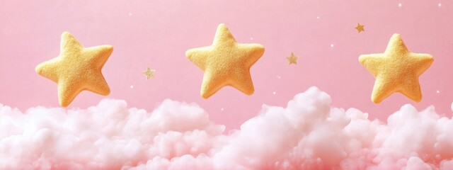 Poster - Dreamy Floating Stars in Soft Pink Sky with Cloud Background and Clear Space for Text or Illustration