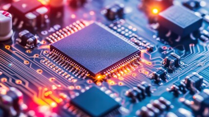 Poster - Close-up of a glowing circuit board with intricate patterns and bright lights, symbolizing technological advancement and innovation