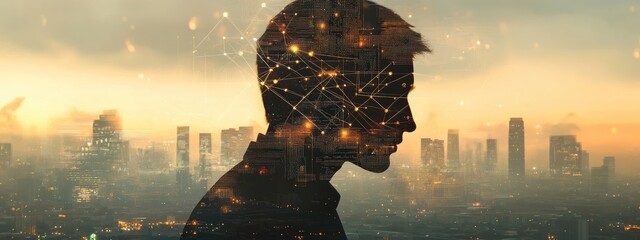Poster - Double exposure of businessman silhouette and urban skyline with digital network interface representing innovation and technology in business