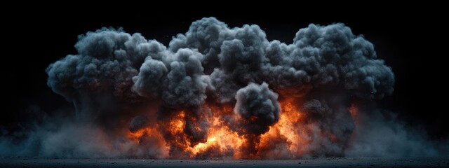 Fototapete - Dramatic smoke explosion with fiery glow on dark background creating space for text or design elements