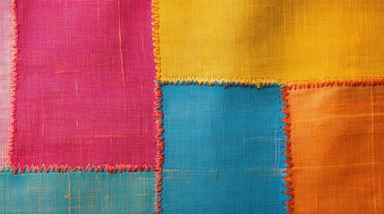 Poster - Sewing machine stitching detail on colorful fabric patchwork with vibrant hues and empty space for text or design use