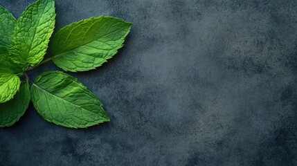 Poster - Top View of Fresh Green Mint Leaves on Dark Textured Surface with Copy Space for Text or Design