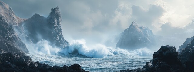 Poster - Dramatic seascape of crashing waves on a rocky coast with atmospheric clouds and ample space for text or overlay design elements