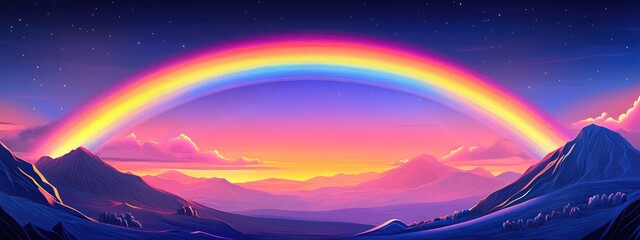 Poster - Double Rainbow Above Majestic Mountain Range at Dusk with Vibrant Sky and Space for Text Overlay